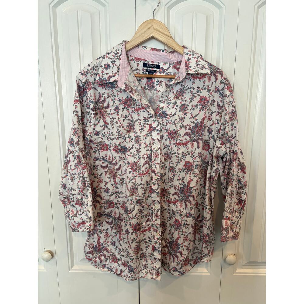 Chaps No Iron White Floral‎ Button Down Shirt Size 1X